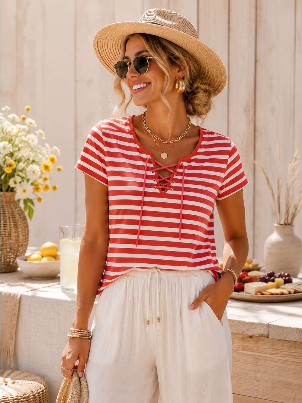 Charter Club Striped Lace-Up Short-Sleeve Top - S